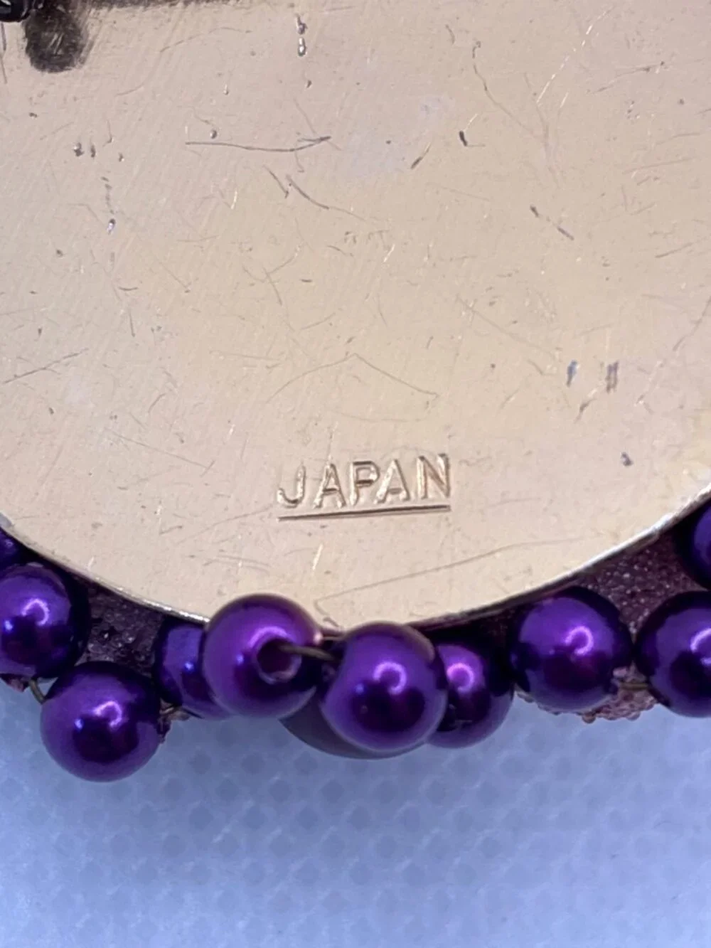 Vtg Japan Purple Brooch Sugar Beads Gold Accents & Faux Gemstones 2 In Diameter